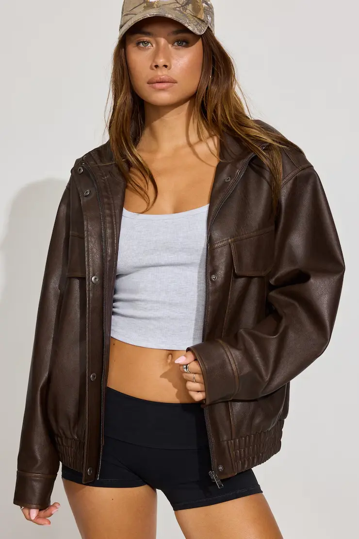Oversized Faux Leather Stand Collar Bomber - Image 2
