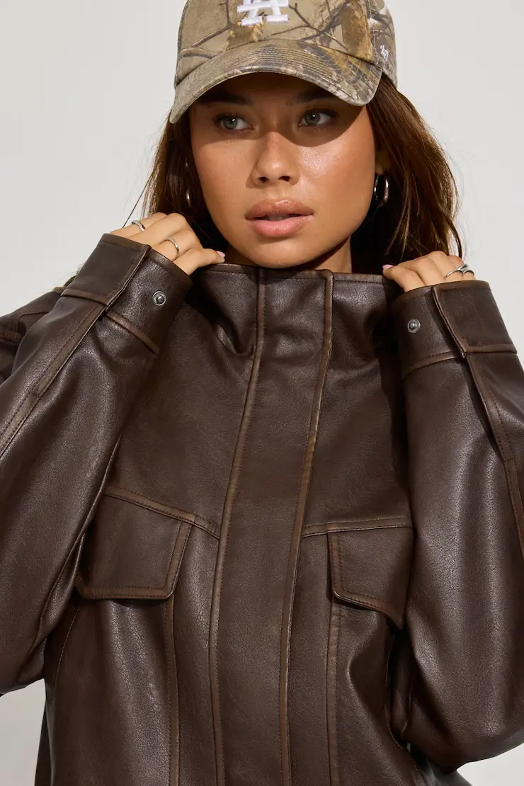 Oversized Faux Leather Stand Collar Bomber - Image 3