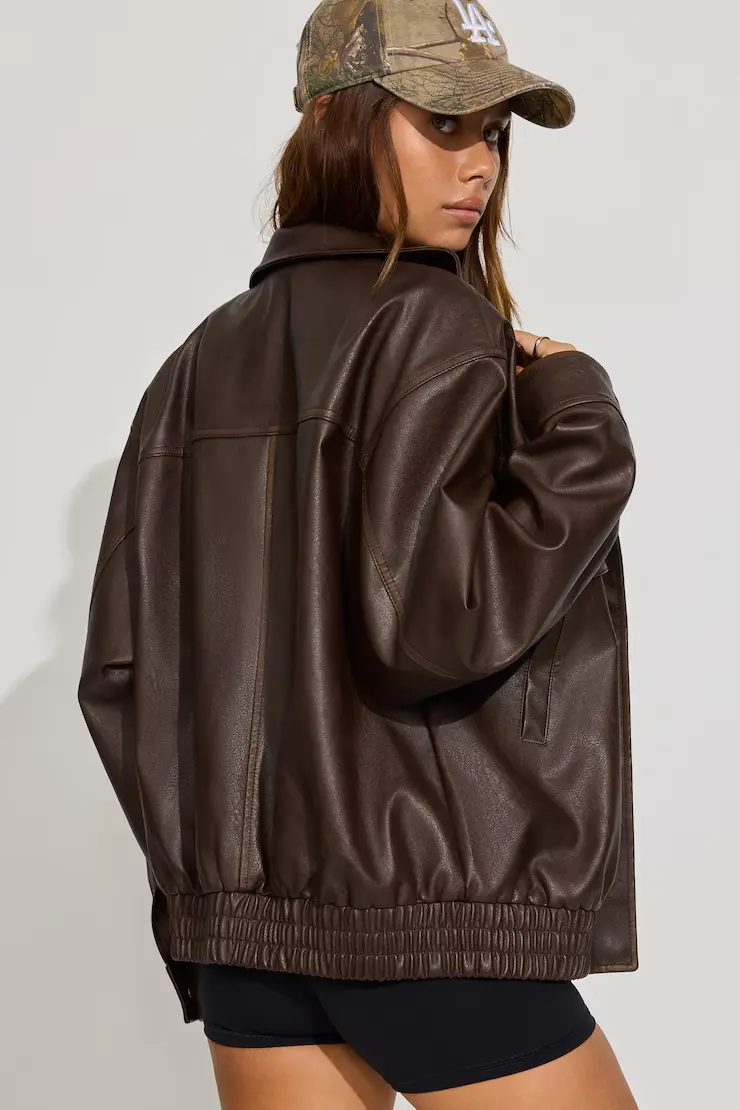 Oversized Faux Leather Stand Collar Bomber - Image 4