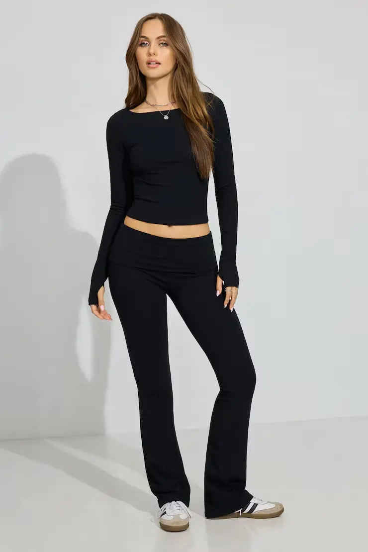 Soft Cotton Fold Over Flare Pants - Image 3